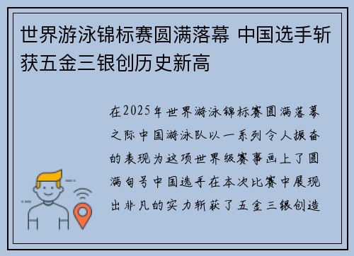 世界游泳锦标赛圆满落幕 中国选手斩获五金三银创历史新高