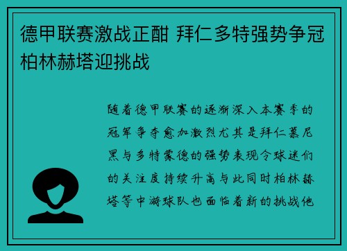 德甲联赛激战正酣 拜仁多特强势争冠柏林赫塔迎挑战