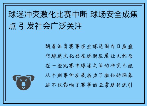 球迷冲突激化比赛中断 球场安全成焦点 引发社会广泛关注