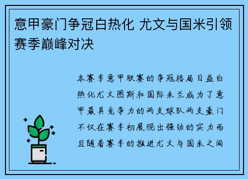 意甲豪门争冠白热化 尤文与国米引领赛季巅峰对决