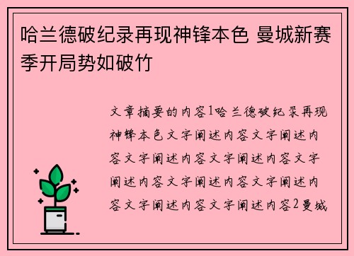 哈兰德破纪录再现神锋本色 曼城新赛季开局势如破竹
