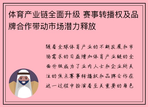 体育产业链全面升级 赛事转播权及品牌合作带动市场潜力释放