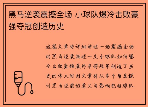 黑马逆袭震撼全场 小球队爆冷击败豪强夺冠创造历史